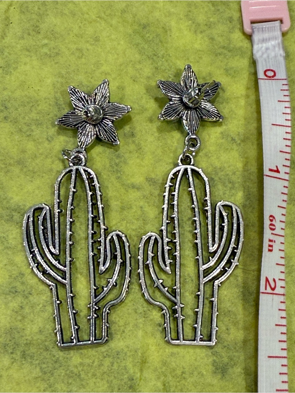 Turquoise silver tone cactus dangle post earrings - Picture 3 of 6
